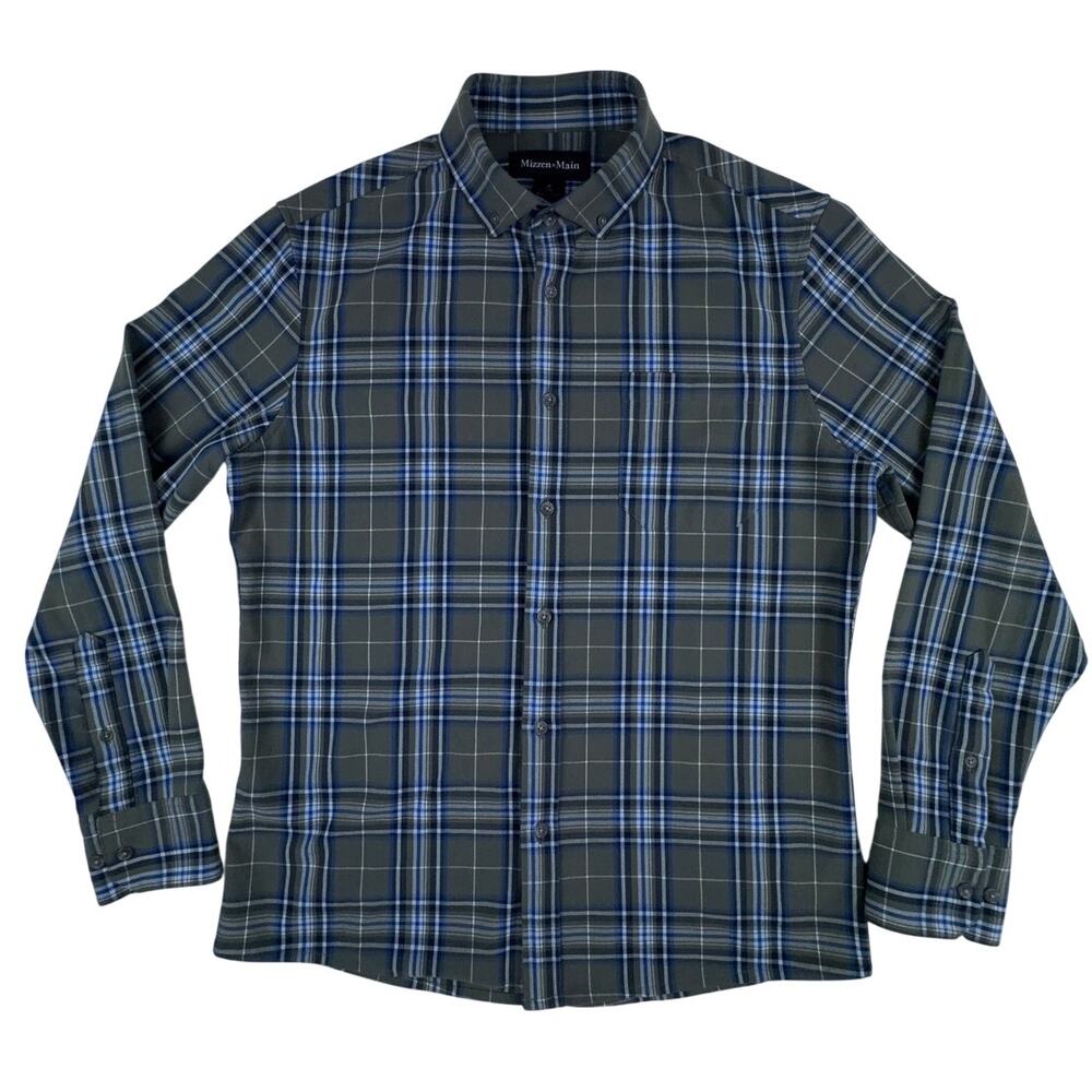 Mizzen+Main City Flannel Shirt Men's M Trim Fit Olive Plaid Stretch No Tuck